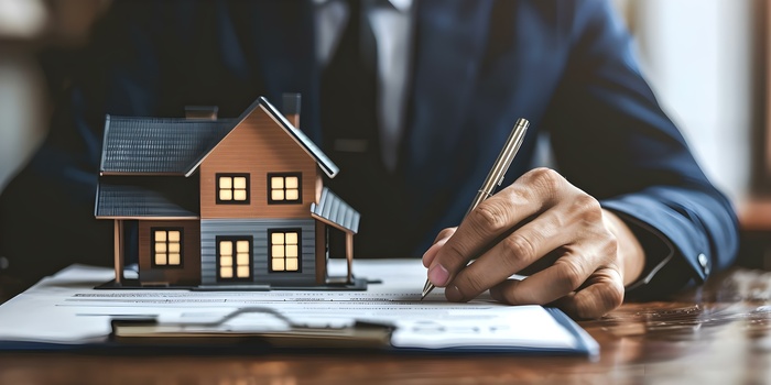 Real estate agent discussing home purchase agreement terms. Concept Real estate title search
