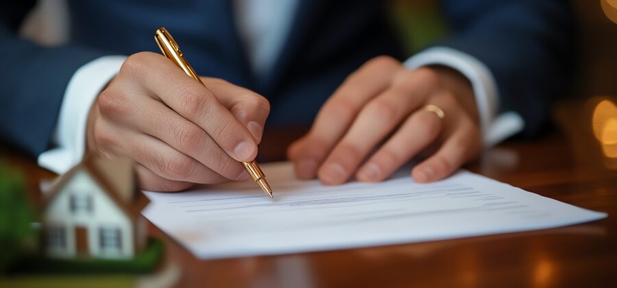 Person signing escrow papers in the office of a title company